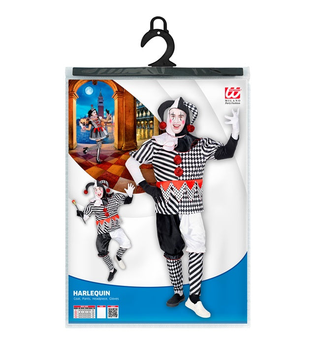 Harlekin-Kostüm Set mit Jacke, Hose, Mütze und Handschuhen in buntem Rautenmuster