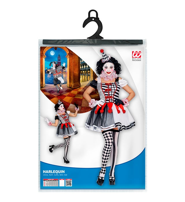 Miss Harlekin Kostüm mit Kleid, Clownkragen, Manschetten und Minihut in Harlekin-Rautenmuster