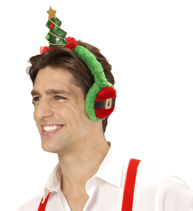 Ohrwärmer mit grünem Weihnachtsbaum Motiv auf weissem Hintergrund