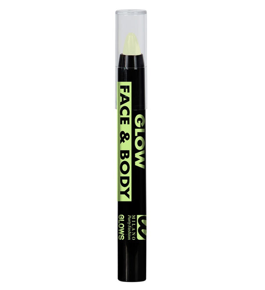 Leuchtende Aqua Schminkstifte mit Glow-in-the-Dark Effekt auf dunklem Hintergrund