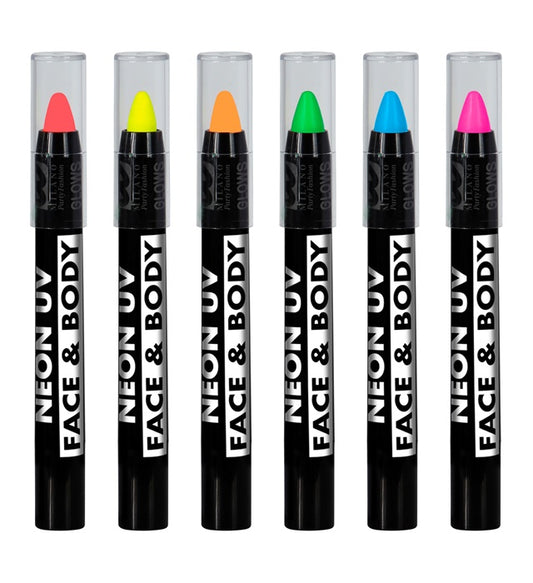 "SET VON 6 HERAUSDREHBAREN NEON SCHMINKSTIFTEN IN BOX" (2 x neon rosa, 1 gelb, 1 orange, 1 grün, 1 blau) Diverse Farben