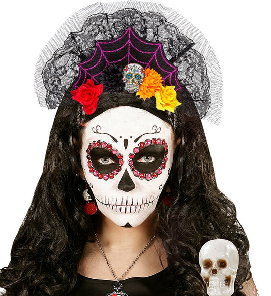 Bunter Día de los Muertos Haarreif mit Blumen und Totenkopf-Motiv