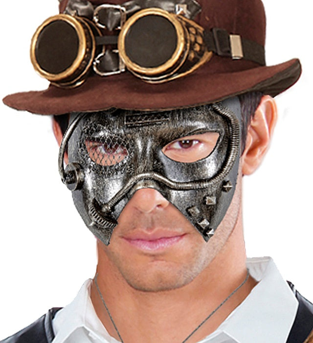 Silberne Steampunk Maske mit detailliertem Design für Fasnacht und Mottopartys