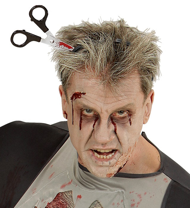 Blutige Schere im Kopf Halloween Kostümaccessoire mit realistischem Bluteffekt