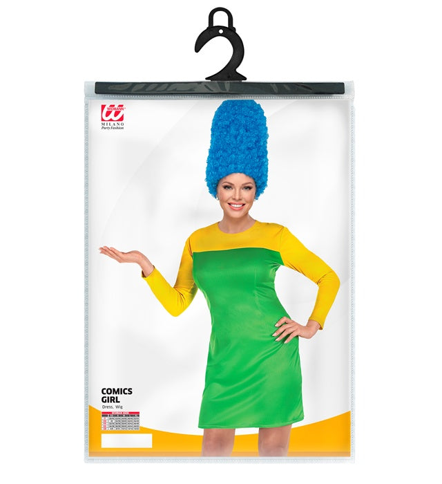 Comics Girl Kostüm mit farbenfrohem Kleid und passender Perücke für Fasnacht
