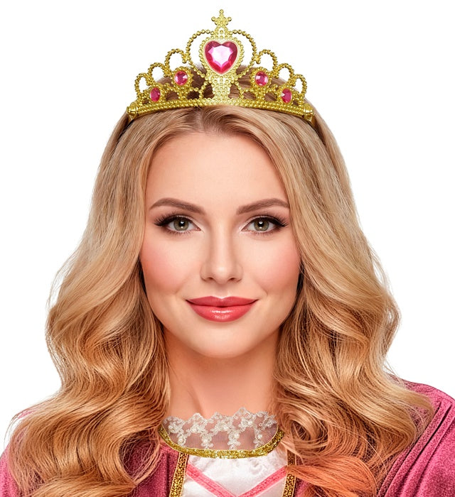 Goldene Tiara mit pinken Edelsteinen für Kinder