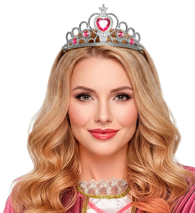 Silberne Tiara mit pinken Edelsteinen für Kinder