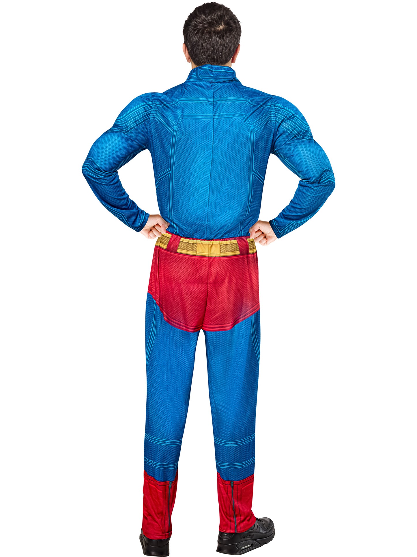 Superman Deluxe Kostüm für Herren von Rubies mit gepolstertem Jumpsuit und Umhang – Verpackung