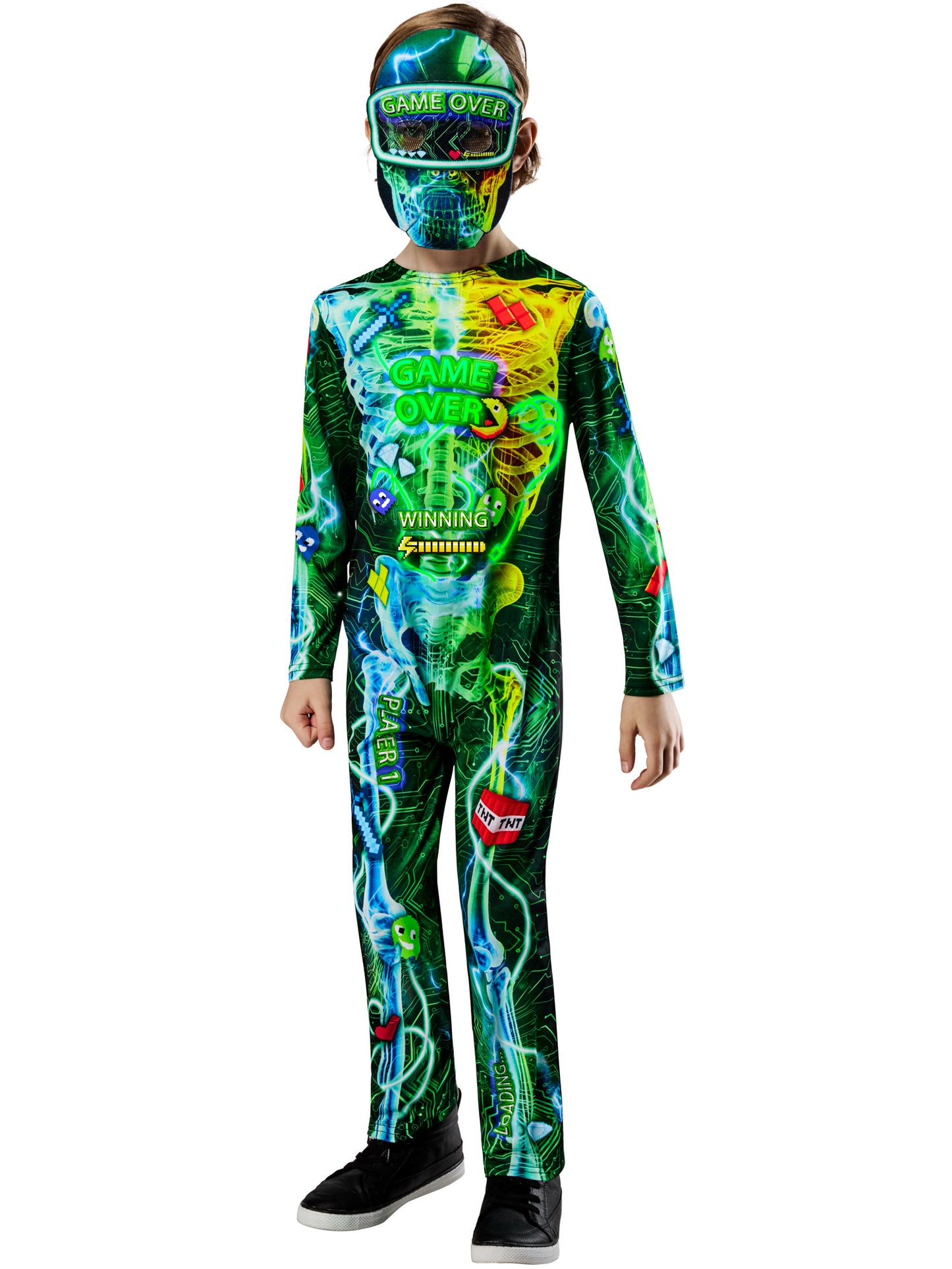 Rubies Gamer-Skeleton-Kinderkostüm mit Glow-in-the-dark-Aufdruck und Maske – Verpackung