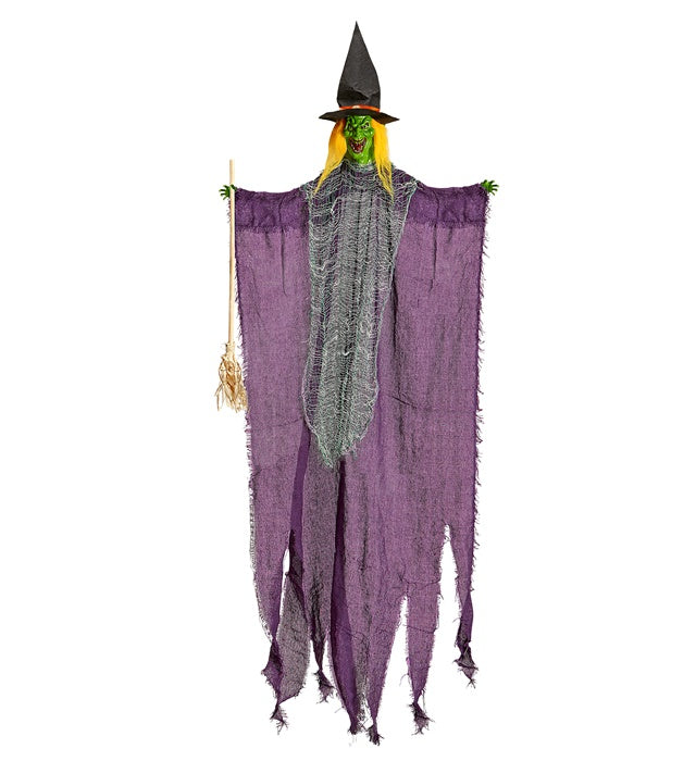 Gruselige Hexenfigur mit Besen 138 cm als Halloween-Dekoration