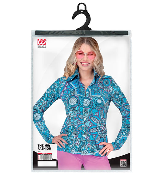 Blaues Mandala 60s Fashion Bluse im Retro-Stil für Fasnacht und Mottoparty