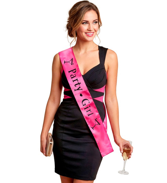 Satin-Schärpe PARTY GIRL in leuchtendem Design auf weissem Hintergrund