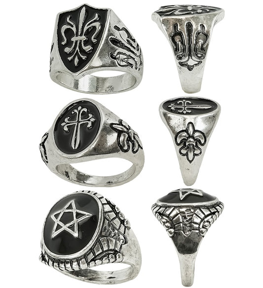 Set aus drei gotischen Ringen auf Karte – dunkle, filigrane Designs