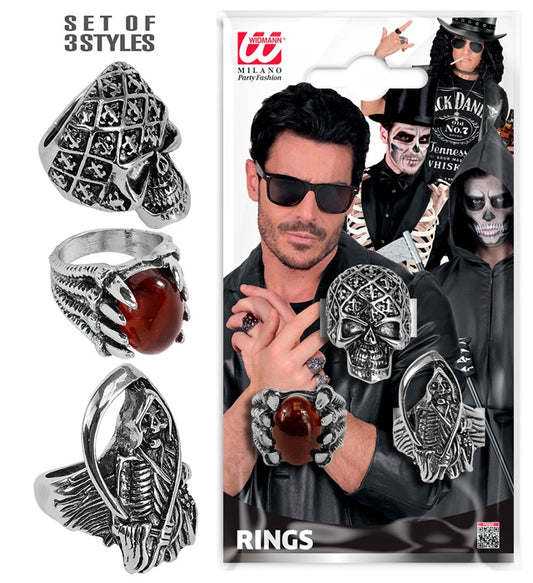 Set mit 3 verschiedenen Halloween-Ringen auf Karte für Piraten- und Halloween-Kostüme