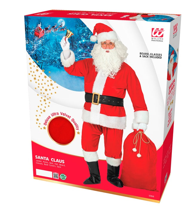 Weihnachtsmann-Kostüm mit Jacke, Hose, Mütze, Bart, Brille und Sack