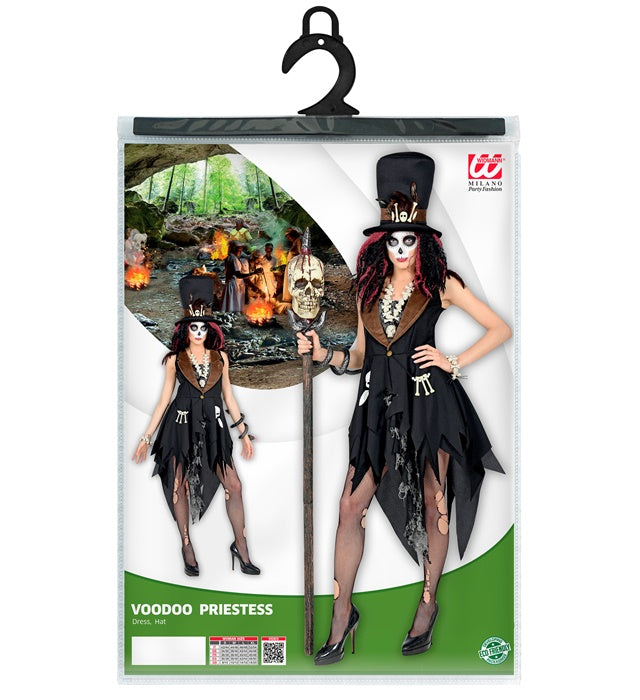 Voodoo Priesterin Kostüm mit schwarzem Kleid und dekorativem Hut