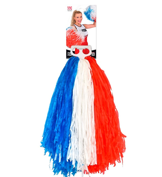 Dreifarbiger Pom Pom in Blau, Weiß und Rot für Fasnacht und Mottopartys