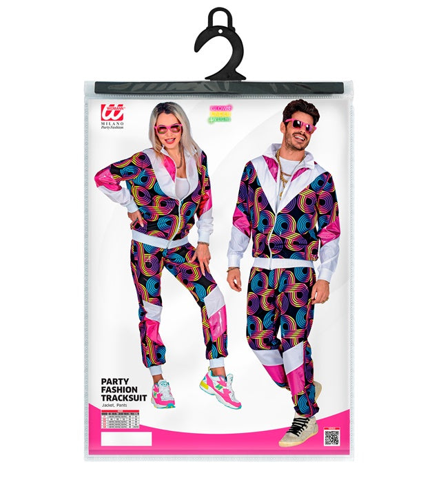 80er Jahre Disco Trainingsanzug mit buntem Oberteil und Hose im Retro-Stil