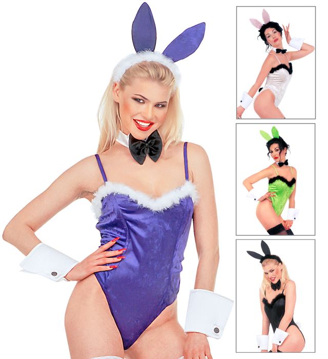 PLAYMATE Tierkostüm mit Samt-Body, Fliege, Ohren und Manchetten in verschiedenen Farben