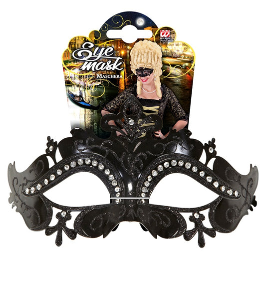 Schwarze venezianische Maske mit funkelnden Strasssteinen