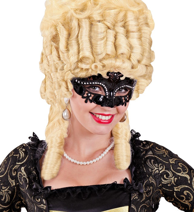 Schwarze venezianische Maske mit funkelnden Strasssteinen