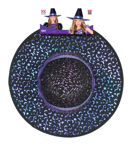 Schwarzer Hexenhut mit silbernen Mond- und Sternenmotiven