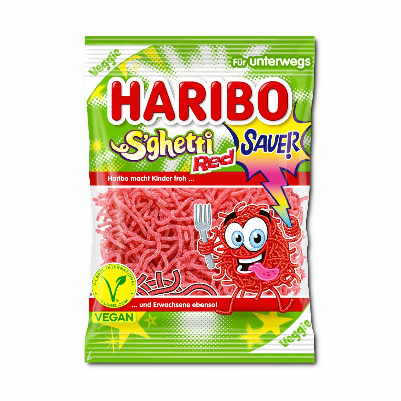 Haribo Sghetti Red saure vegane Fruchtgummis in Spaghetti-Form, 85-g-Beutel