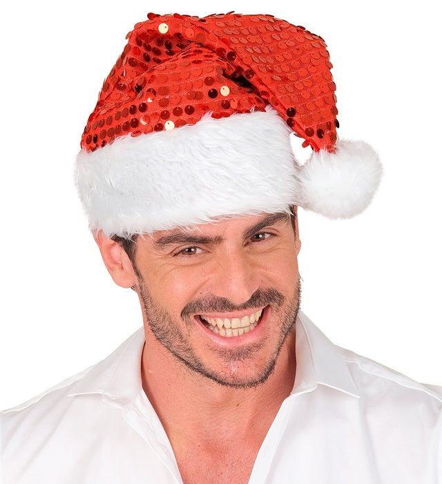 Rote Weihnachtsmannmütze mit Plüschrand und glitzernden Pailletten