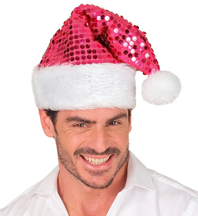 Rosa Weihnachtsmannmütze mit Plüsch und funkelnden Pailletten