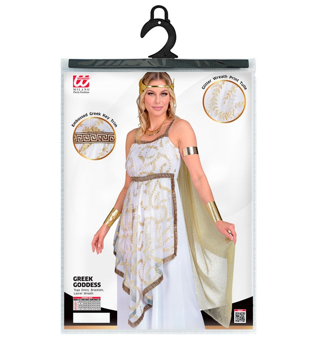 Kostüm der griechischen Göttin mit weißem Kleid, Schulterumhang und Lorbeerkranz