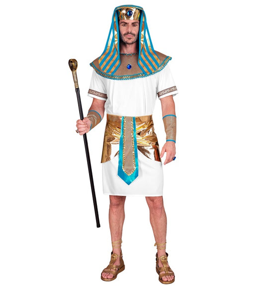 Pharao Kostüm Set mit Tunika, Gürtel, Halskragen und Kopfbedeckung auf weißem Hintergrund