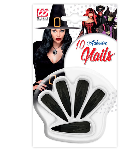 Set mit 10 schwarzen künstlichen Fingernägeln mit Klebelaschen für Fasnacht und Halloween
