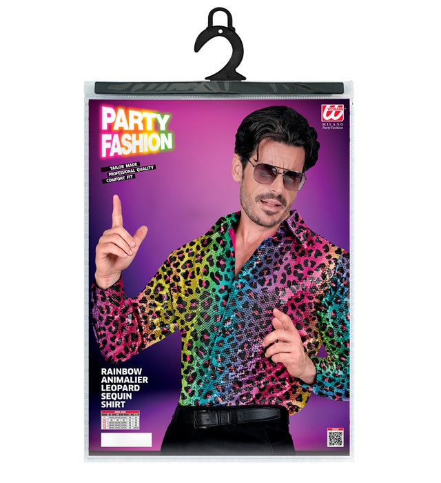 Paillettenhemd mit Leopardenmuster und Regenbogenfarben für Fasnacht