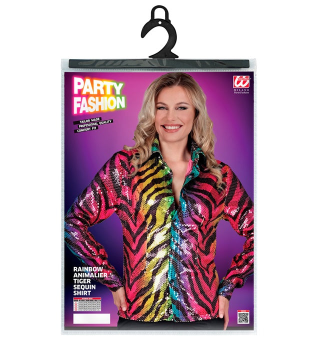 Paillettenbluse mit Regenbogen-Tigermuster, ideal für Fasnacht und Mottopartys