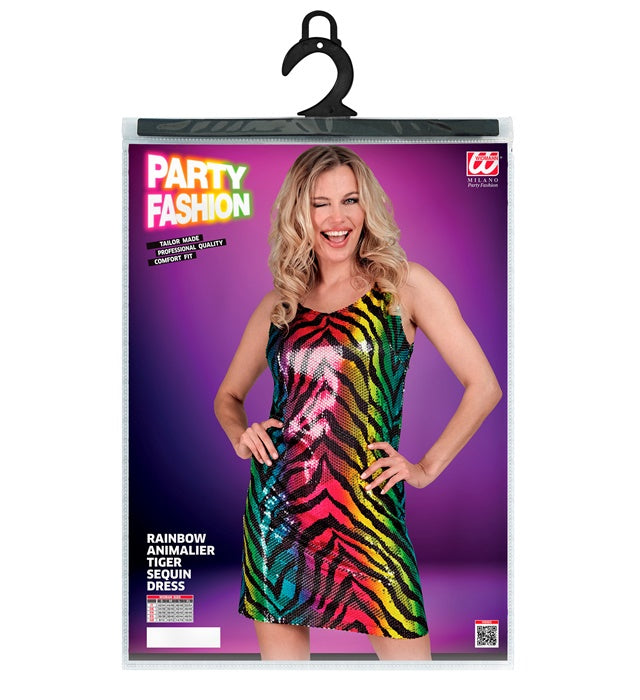 Paillettekleid mit buntem Tigermuster für Fasnacht und Karneval