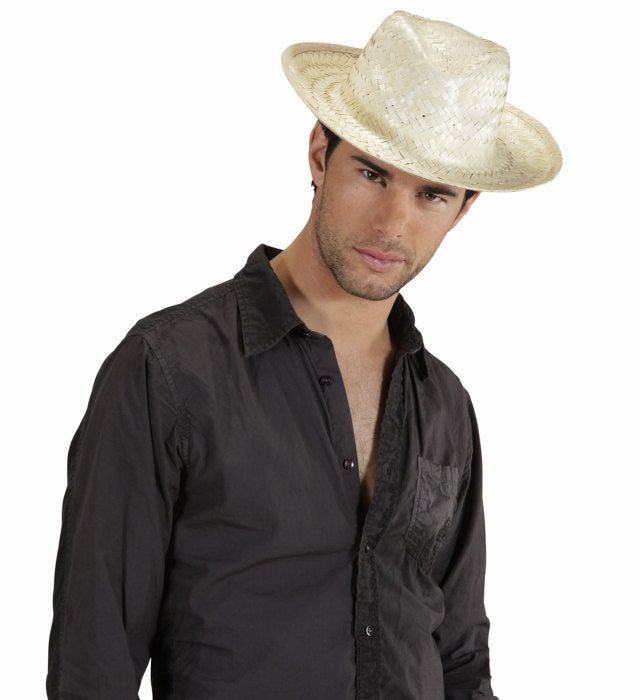 Weisser Cowboystrohhut aus Stroh für Fasnacht und Karneval