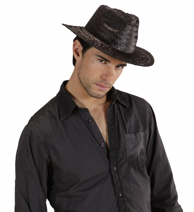 Schwarzer Cowboystrohhut aus Stroh für Fasnacht und Karneval