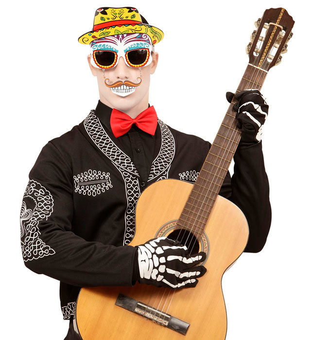 Totenkopf-Brille im Dia de los Muertos Stil mit Schnauzbart und Zähnen