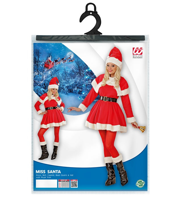 Miss Santa Kostüm mit rotem Kleid, Gürtel, Mäntelchen, Stiefelüberziehern und Hut mit Plüschrand