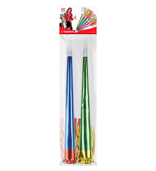 Set aus zwei metallisierten Trompeten mit 35 cm Länge für Fasnacht und Karneval