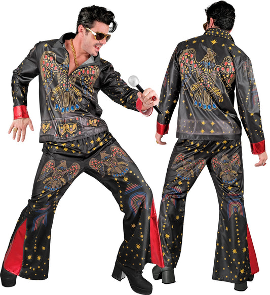 Elvis King of Rock Herrenkostüm mit Oberteil und Hose in Schwarz