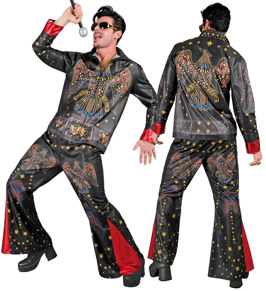 Elvis King of Rock Herrenkostüm mit Oberteil und Hose in Schwarz