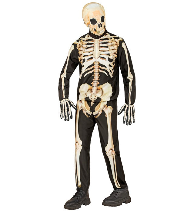 Skelett-Kostüm Set mit Maske, Handschuhen, Oberteil und Hose auf neutralem Hintergrund