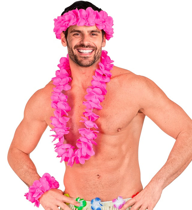 Pinkes Hawaii-Set mit Halskette, Stirnband und Armband für Fasnacht und Mottoparty