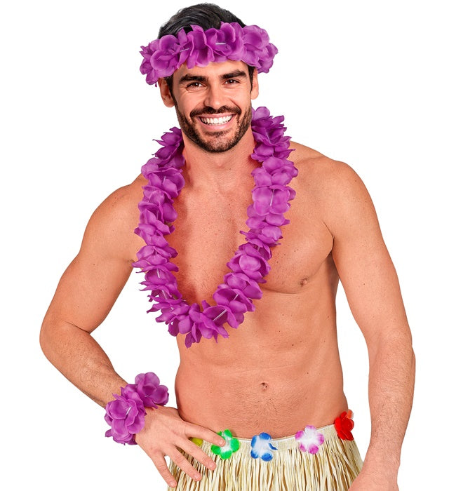 Violettes Hawaii-Set mit Halskette, Stirnband und Armband auf weißem Hintergrund