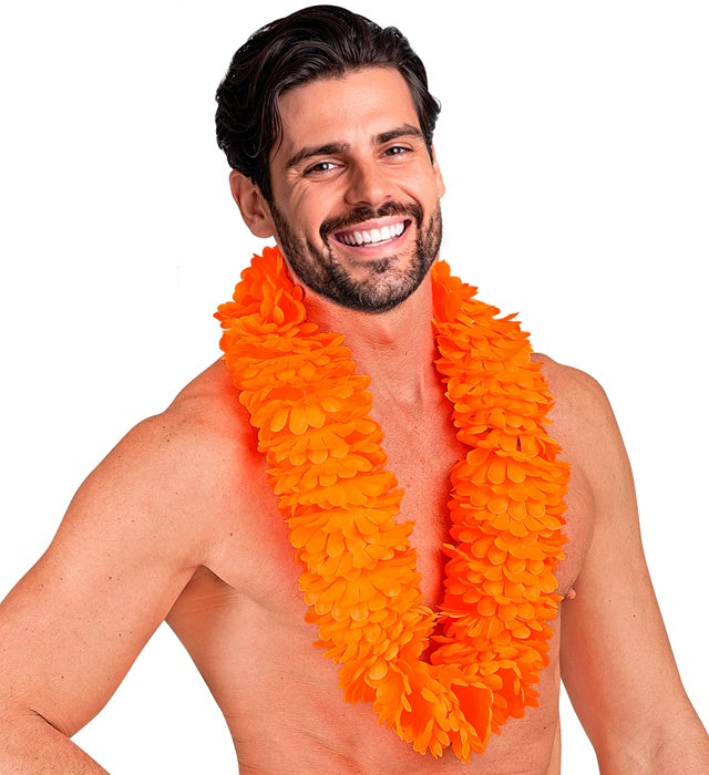 Leuchtend orange Hawaiikette aus Kunststoff als Fasnachts-Accessoire