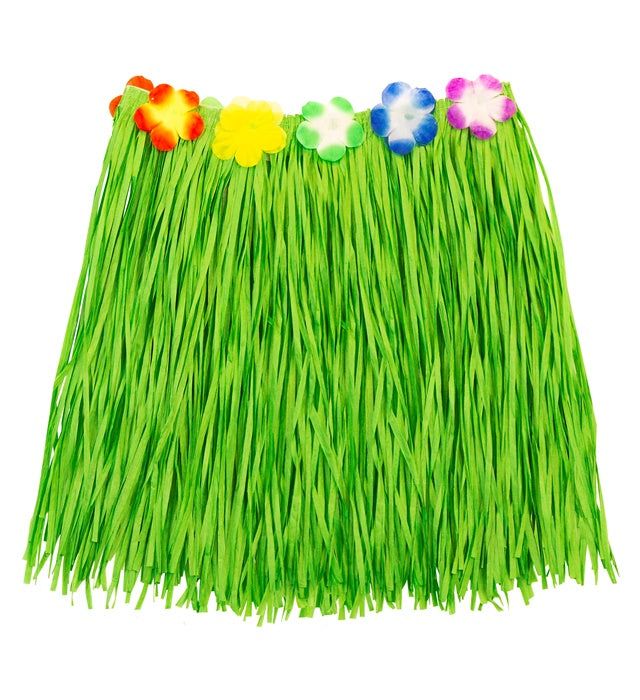 Grüner Hawaii Bastrock mit Blumengürtel, 40 cm Länge, größenverstellbar
