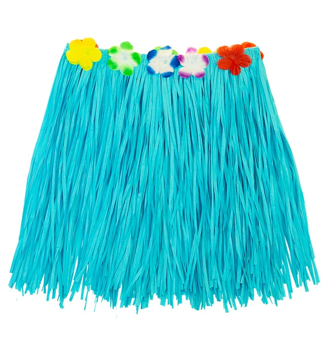 Hellblauer Hawaii Bastrock mit buntem Blumengürtel, 40 cm lang
