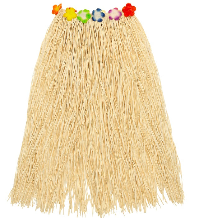 Naturfarbener Hawaii Bastrock mit farbigem Blumengürtel, 80 cm Länge