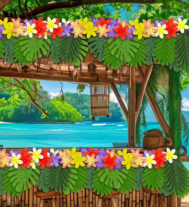 Hawaiianisches Tischdeko Set mit bunten Blättern und Blumen auf einem gedeckten Tisch